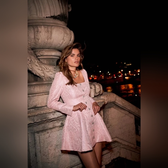 LoveShackFancy 🩷 6 Haveri Lt Pink Brocade Sqaure-Neck Crystal Button Mini Dress - Picture 4 of 7